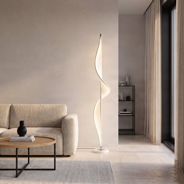 Lucande LED podna lampa Edano, 154 cm, bijela, tekstil, mogućnost prigušivanja, prigušiva, Bijela, Dnevni boravak/blagovaonica, Tkanina / tekstil