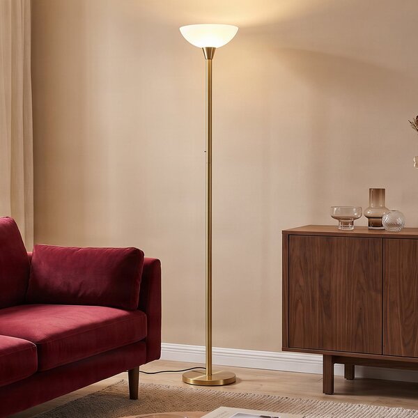Lindby podna lampa Ignacia, boja mesinga, staklo, 180 cm, E27, Zlato / mjed, Dnevni boravak/blagovaonica, Metal