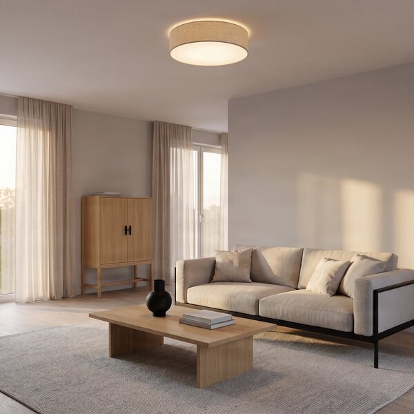 Eko-Light Stropna svjetiljka Leano, siva, lanena tkanina, Ø 50 cm, prigušiva, Sivo, Dnevni boravak/blagovaonica, Tkanina / tekstil