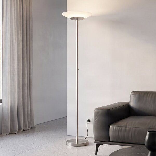 Lindby Ragna LED podna lampa, nikl, metal, prigušiva, prigušiva, Sivo, Dnevni boravak/blagovaonica, Staklo