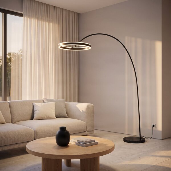 Lucande LED lučna svjetiljka Yekta, crna, 183 cm, prigušiva, prigušiva, Crno, Dnevni boravak/blagovaonica, Metal