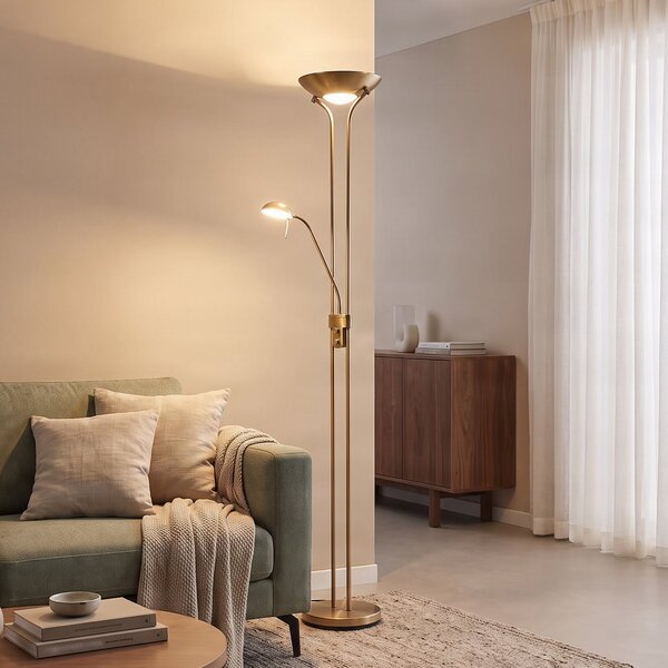 Lindby LED podna lampa Josefin, bronca, svjetlo za čitanje, prigušivanje, prigušiva, Bronca / stari mesing, Dnevni boravak/blagovaonica, Metal, Svjetlo za čitanje