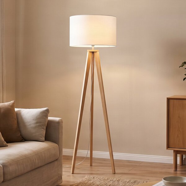 Lindby podna lampa Charlia, bijela, drvo, visina 150cm, Bijela, Dnevni boravak/blagovaonica, Tkanina / tekstil, tronožac