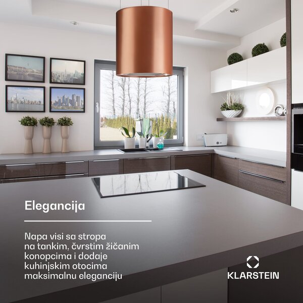Klarstein Barett, otočna napa, Ø 38 cm, recirkulacija zraka 522 m³ / h, LED, bakar