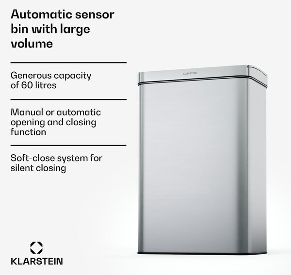 Klarstein Touchless, kanta za smeće sa senzorom, 60 L, nehrđajući čelik, Soft-Close zatvaranje, baterijsko napajanje, LED zaslon, tajmer