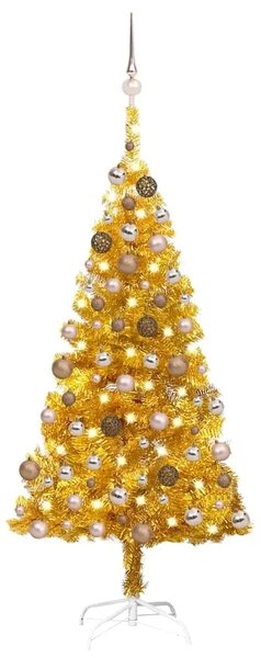Umjetno osvijetljeno božićno drvce s kuglicama zlatno 120cm PET - Zlatno 120 cm s 150 LED dioda i ružičastim zlatnim kuglicama