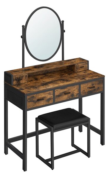 Toaletni stolić s ovalnim ogledalom, set od 3 komada, garnitura stola sa stolicom i ogledalom, 90 x 148,4 x 40 cm