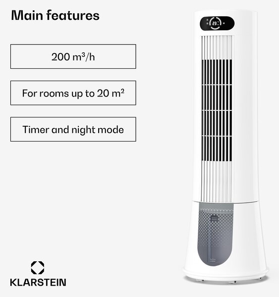 Klarstein Frost rashlađivač zraka s vodenim hlađenjem | 200 m³/h | 7 L | 20 m² | 2 rashladna umetka | 4 načina rada | 45 W