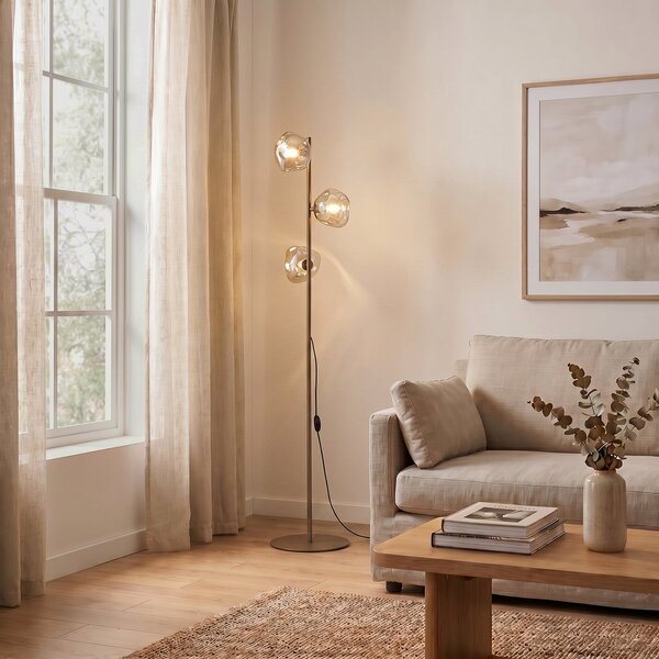 TK Lighting Podna lampa Lava, boja pijeska/kognac, staklo, 151 cm, 3 svjetla, G9, Bež, Dnevni boravak/blagovaonica, Staklo