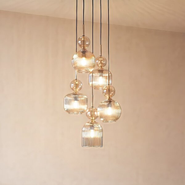 TK Lighting Sophia viseća lampa, 5 žarulja, Ø 37 cm, boja konjaka/crna, E14, prigušiva, Sivo, Dnevni boravak/blagovaonica, Staklo