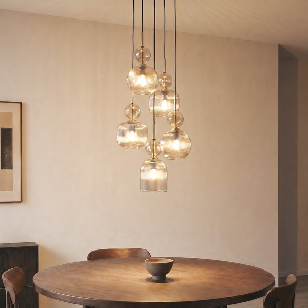 TK Lighting Sophia viseća lampa, 5 žarulja, Ø 37 cm, boja konjaka/crna, E14, prigušiva, Sivo, Dnevni boravak/blagovaonica, Staklo