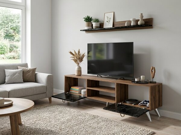 TV stalak ZEN 160 cm s zidnom policom, dekor orah/crni mramor