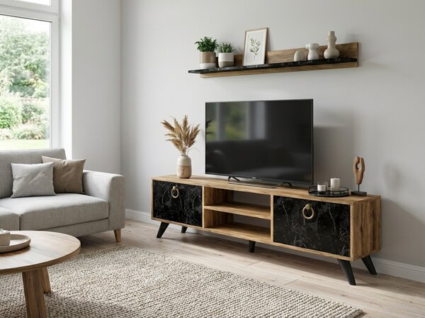 TV stalak ZEN 160 cm s zidnom policom, dekor orah/crni mramor