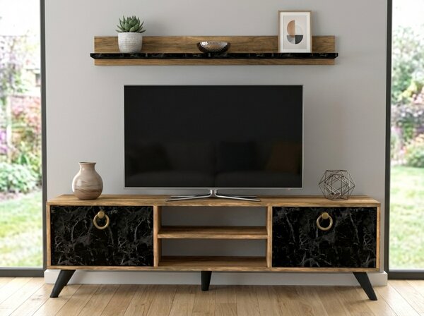 TV stalak ZEN 160 cm s zidnom policom, dekor orah/crni mramor