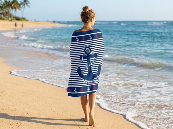 Brzosušeći plažni ručnik MARITIMO plavo-bijeli 70 x 140 cm, 100% mikrovlakana
