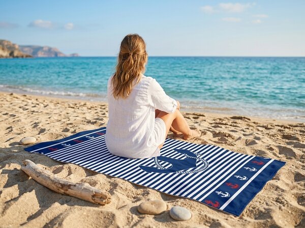 Brzosušeći plažni ručnik MARITIMO plavo-bijeli 70 x 140 cm, 100% mikrovlakana