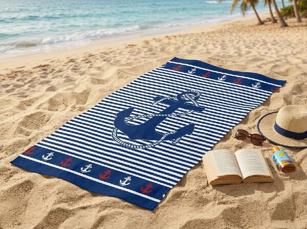 Brzosušeći plažni ručnik MARITIMO plavo-bijeli 70 x 140 cm, 100% mikrovlakana