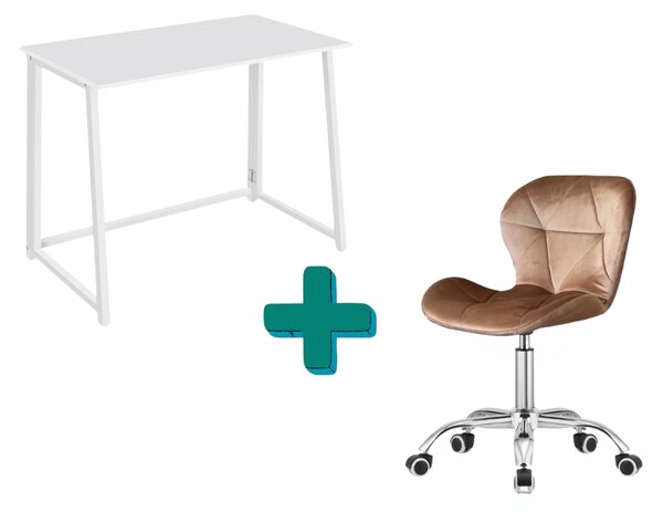 Set za ured – sklopivi radni stol ZARIMO 80×40 cm bijela + uredska stolica AVOLA VELVET svijetlo smeđa