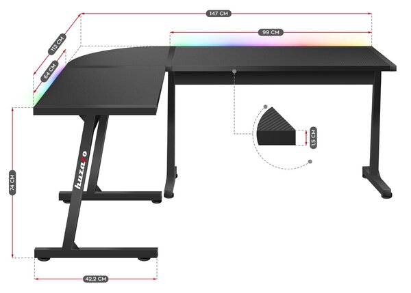 Kutni PC stolić Hyperion 6.0 (crna + šarena) (s LED rasvjetom)