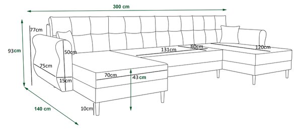 Razvlačna U kutna garnitura SILVIANO 300x140 cm, tamno zelena + 2 jastuka GRATIS