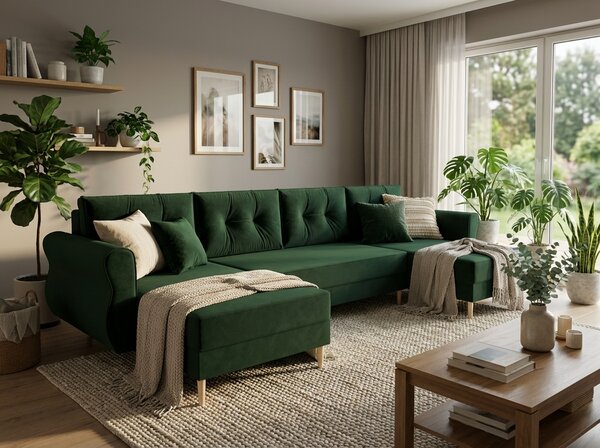 Razvlačna U kutna garnitura SILVIANO 300x140 cm, tamno zelena + 2 jastuka GRATIS
