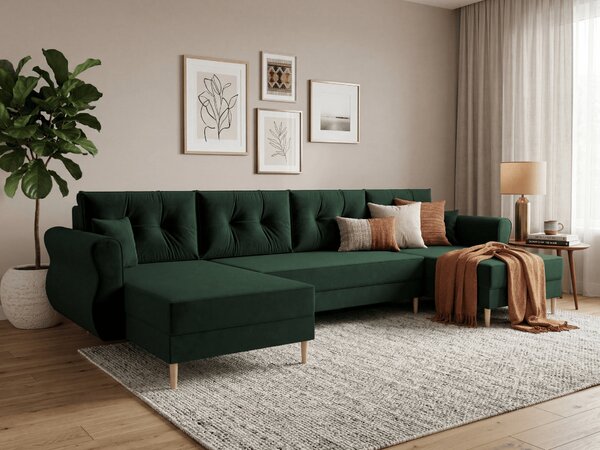Razvlačna U kutna garnitura SILVIANO 300x140 cm, tamno zelena + 2 jastuka GRATIS