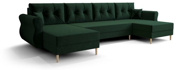 Razvlačna U kutna garnitura SILVIANO 300x140 cm, tamno zelena + 2 jastuka GRATIS