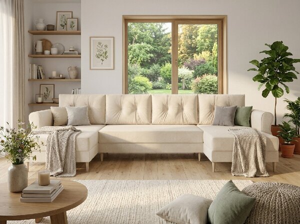 Razvlačna U kutna garnitura SILVIANO 300x140 cm, krem + 2 jastuka GRATIS