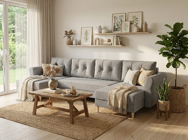 Razvlačna U kutna garnitura SILVIANO 300x140 cm, siva + 2 jastuka GRATIS