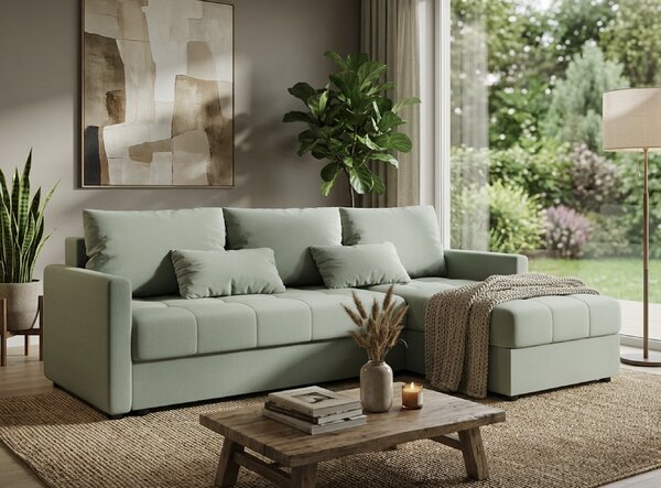 Razvlačna kutna garnitura L VENORIA 220x143 cm, svijetlo zelena + 2 jastuka GRATIS, univerzalna