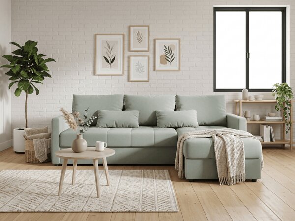Razvlačna kutna garnitura L VENORIA 220x143 cm, svijetlo zelena + 2 jastuka GRATIS, univerzalna