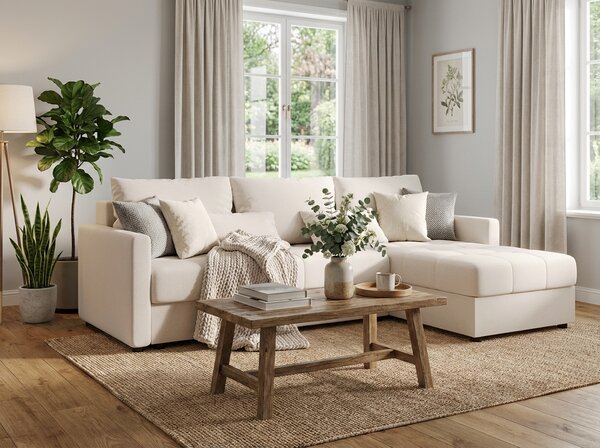 Razvlačna kutna garnitura L VENORIA 220x143 cm, krem + 2 jastuka GRATIS, univerzalna