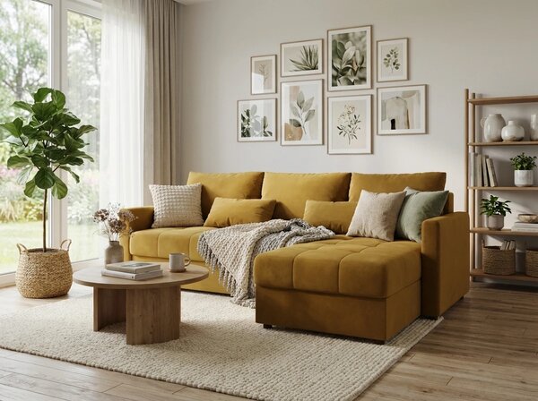 Razvlačna kutna garnitura L VENORIA 220x143 cm, senf + 2 jastuka GRATIS, univerzalna