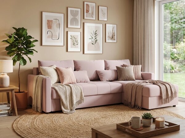 Razvlačna kutna garnitura L VENORIA 220x143 cm, puderasto roza + 2 jastuka GRATIS, univerzalna