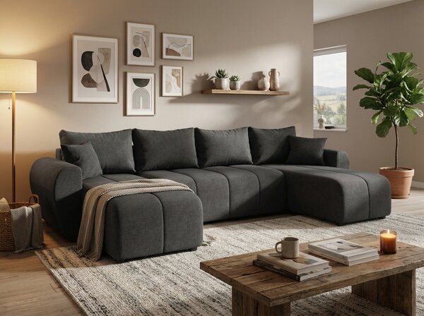 Razvlačna U kutna garnitura SEVIO 311x145 cm, tamno siva + 2 jastuka GRATIS