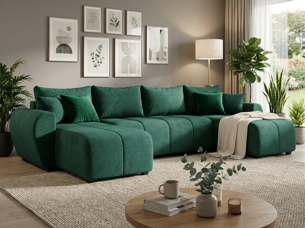 Razvlačna U kutna garnitura SEVIO 311x145 cm, boja boce zelena + 2 jastuka GRATIS