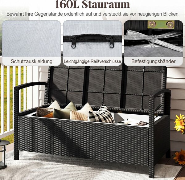 Vrtna klupa za 2 osobe, PE ratan, prostor za pohranu 160 l, jastuk za sjedenje, nosivost 360 kg, vrt, terasa, balkon, 129x61x77 cm, crna+bež
