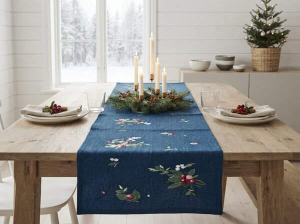 Božićni stolnjak WINTER BERRIES 40x150 cm, tamno plavi