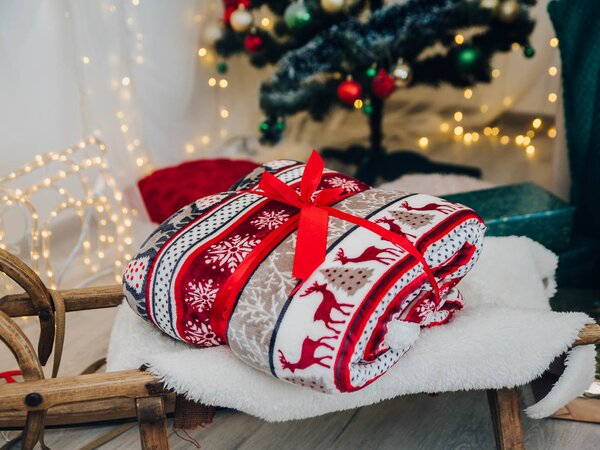 Božicna crveno-bijela janjeca deka od mikropliša WINTER DELIGHT Dimenzije: 200 x 220 cm