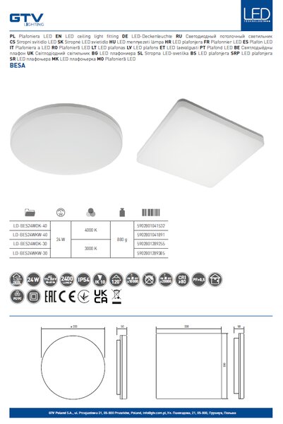 LED PLAFONJERA BESA 24W 4000K IP54