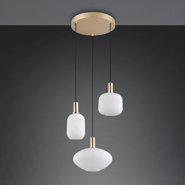 Reality Leuchten Emelie viseća lampa, 3 svjetla, zlatne boje/bijela, metal, staklo, E27, prigušiva, Zlato / mjed, Dnevni boravak/blagovaonica, Staklo