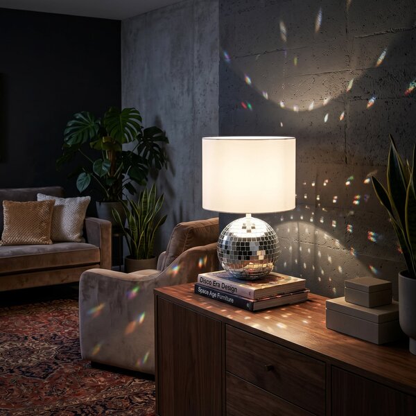 Reality Leuchten Glitza stolna lampa, krom/bijela, tkanina, plastika, E14, Krom, Dnevni boravak/blagovaonica, Plastika