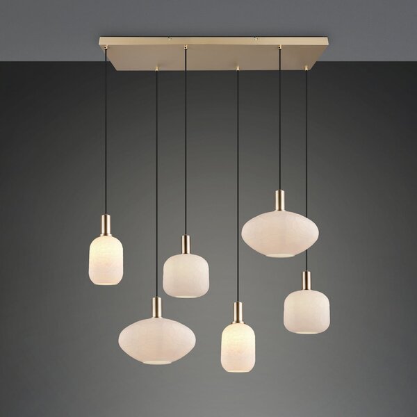 Reality Leuchten Emelie viseća lampa, 6 žarulja, zlatna/bijela, metal, staklo, E27, prigušiva, Zlato / mjed, Dnevni boravak/blagovaonica, Staklo