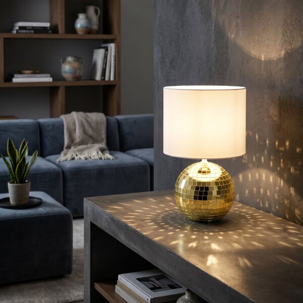 Reality Leuchten Glitza stolna lampa, zlatna/bijela, tkanina, plastika, E14, Zlato / mjed, Dnevni boravak/blagovaonica, Plastika