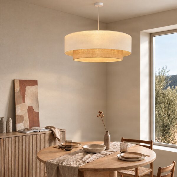 Duolla Boho viseća lampa, bež/jut, Ø 80 cm, tkanina, E27, Bež, spavaća soba, Tkanina / tekstil