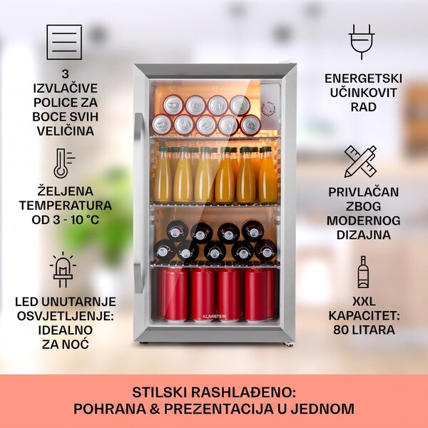 Klarstein Beersafe XXL Crystal White, hladnjak, 80 litara, 3 police, dupla izolacija panoramskih vrata, nehrđajući čelik