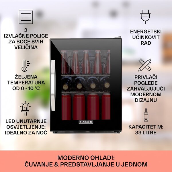Klarstein Beersafe M Onyx, hladnjak, C, LED, 2 metalne rešetkaste police, staklena vrata, onyx