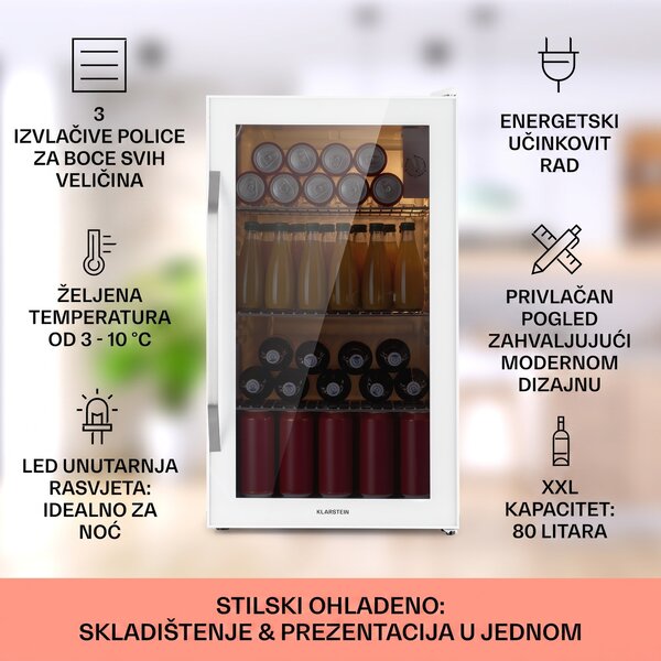 Klarstein Beersafe XXL Quartz, hladnjak, 80 litara, 3 police, dupla izolacija panoramskih vrata, nehrđajući čelik, bijela