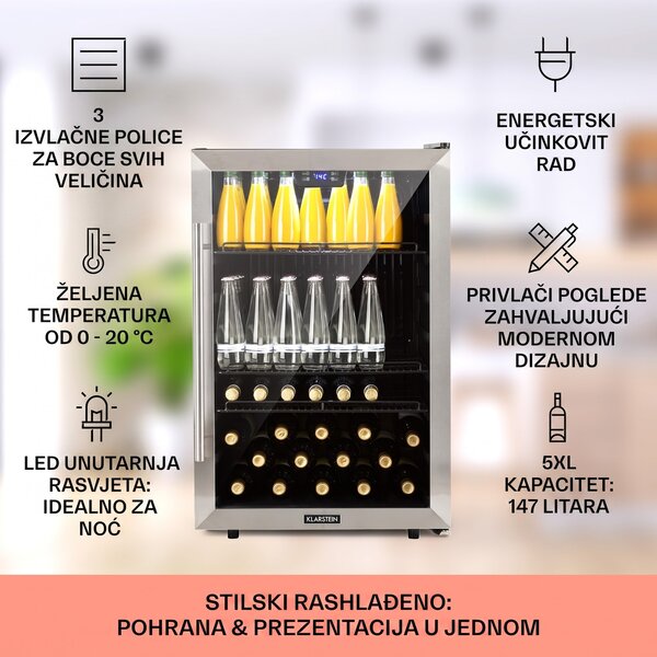 Klarstein Beersafe 5XL, hladnjak, 147 litara, 3 police, panoramska staklena vrata, nehrđajući čelik