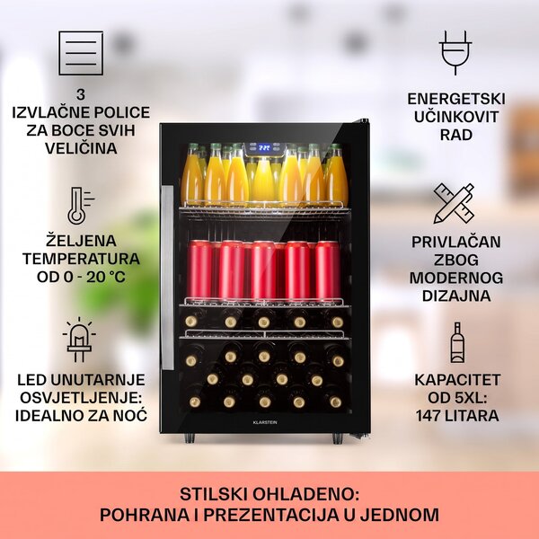 Klarstein Beersafe 5XL, hladnjak, 147 litara, 3 police, panoramska staklena vrata, nehrđajući čelik